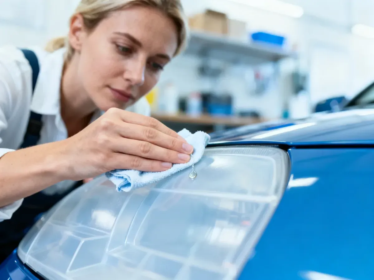 Kobieta ostrożnie czyści plastikową powierzchnię miękką ściereczką z użyciem rozpuszczalnika w jasnym warsztacie.
