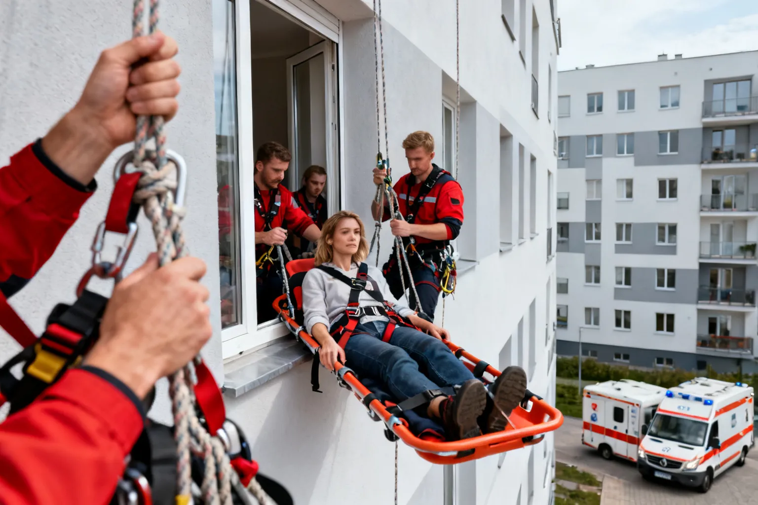 Ewakuacja pacjentki przez okno Wrocław — techniki alpinistyczne