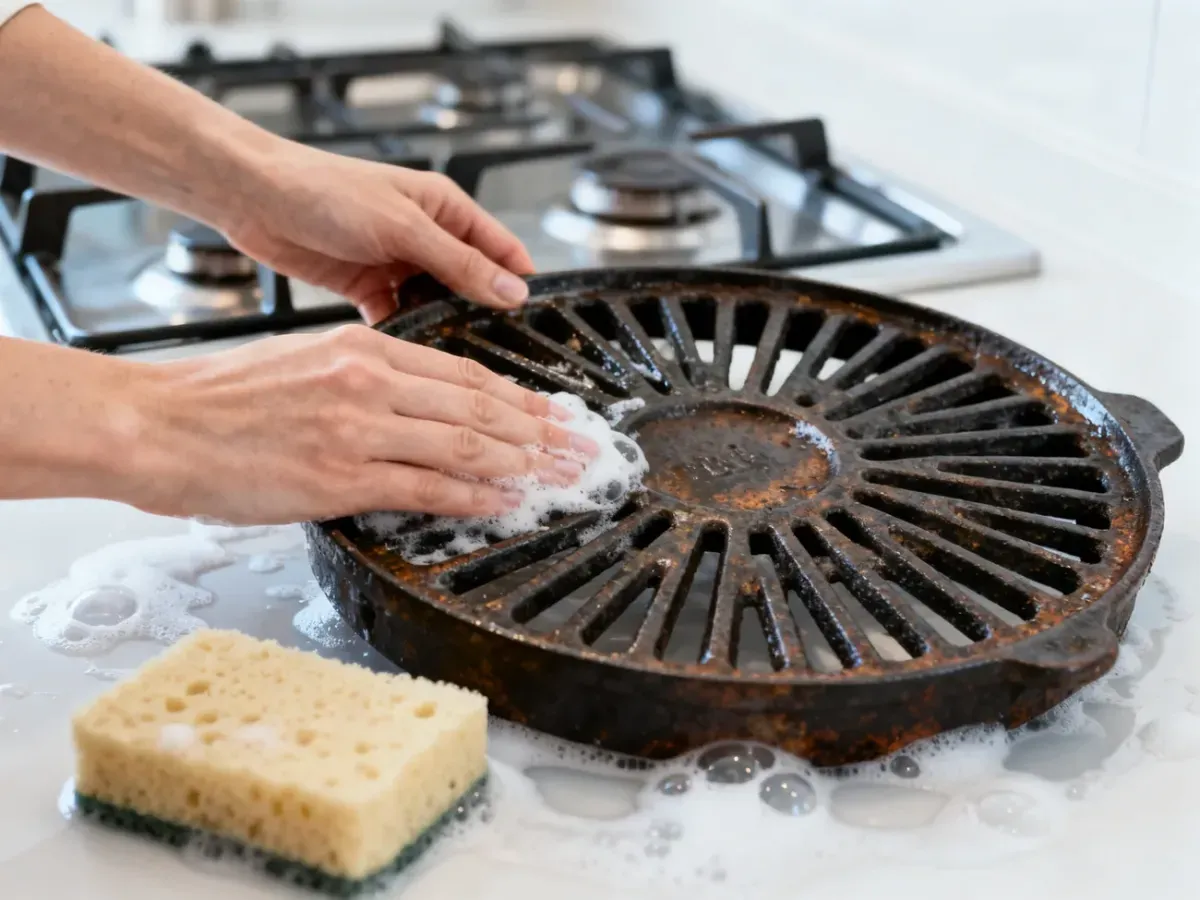 Kobieta czyści żeliwny ruszt kuchenki gazowej za pomocą gąbki z wodą z mydłem w nowoczesnej kuchni.